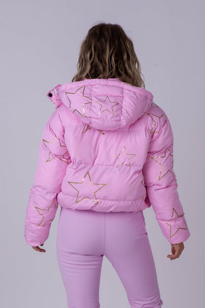 Chic Puffer Jacket - Pink with Gold Stars - OOSC Clothing